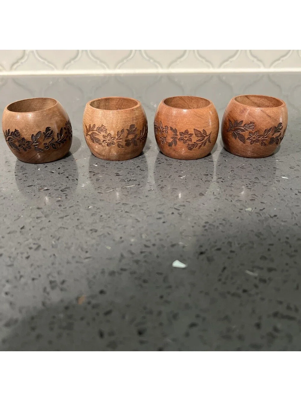 Set of 4 Wooden Napkin Rings Round Wood Table Decor Rustic Farmhouse Floral